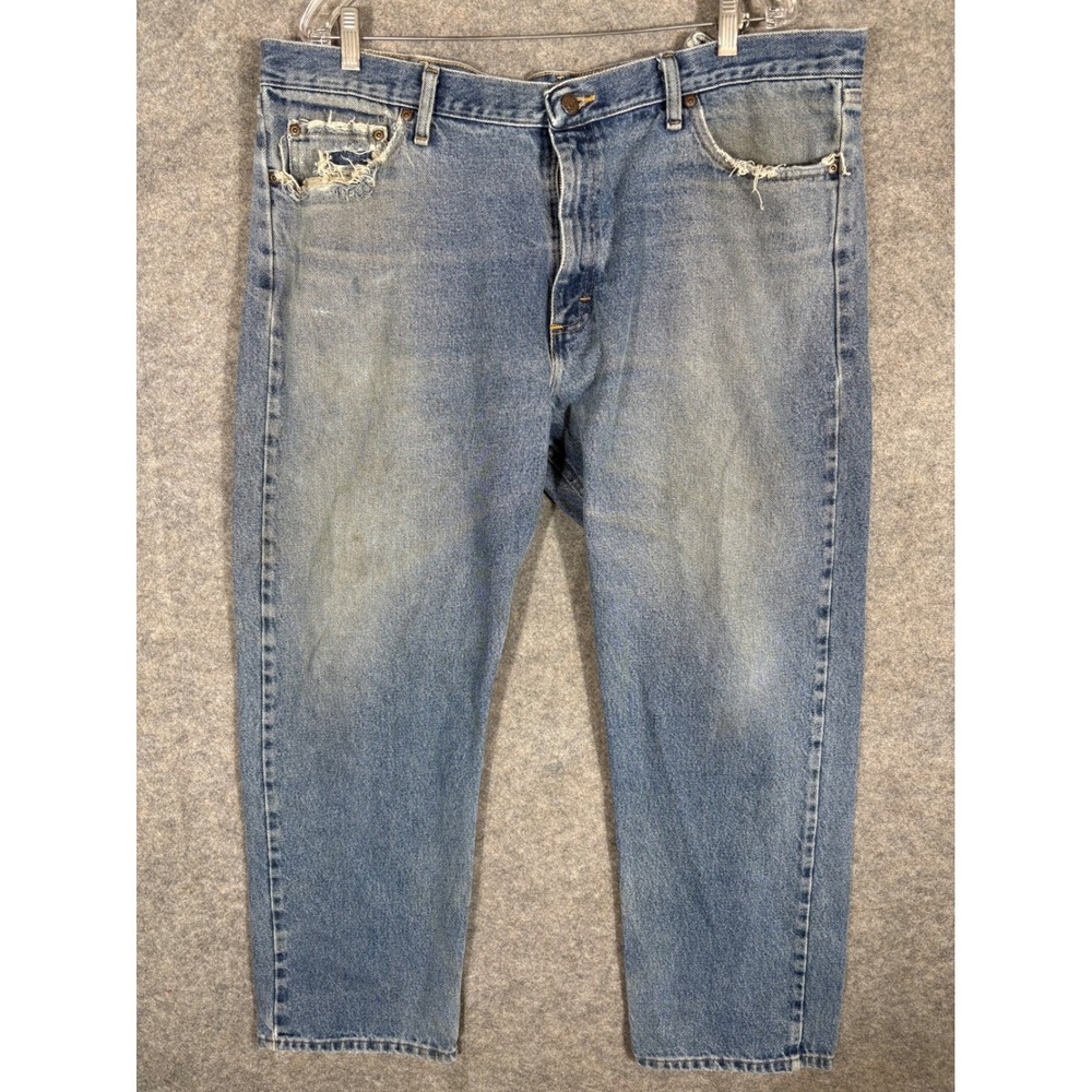 Wrangler Mens 40x30 Relaxed Fit Blue Denim Jeans Distressed Pockets